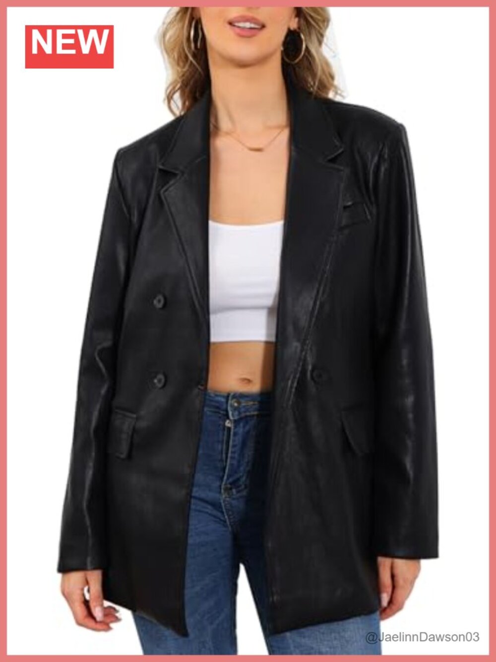 Oversized Faux Leather Double Breasted Blazer Jacket Women's